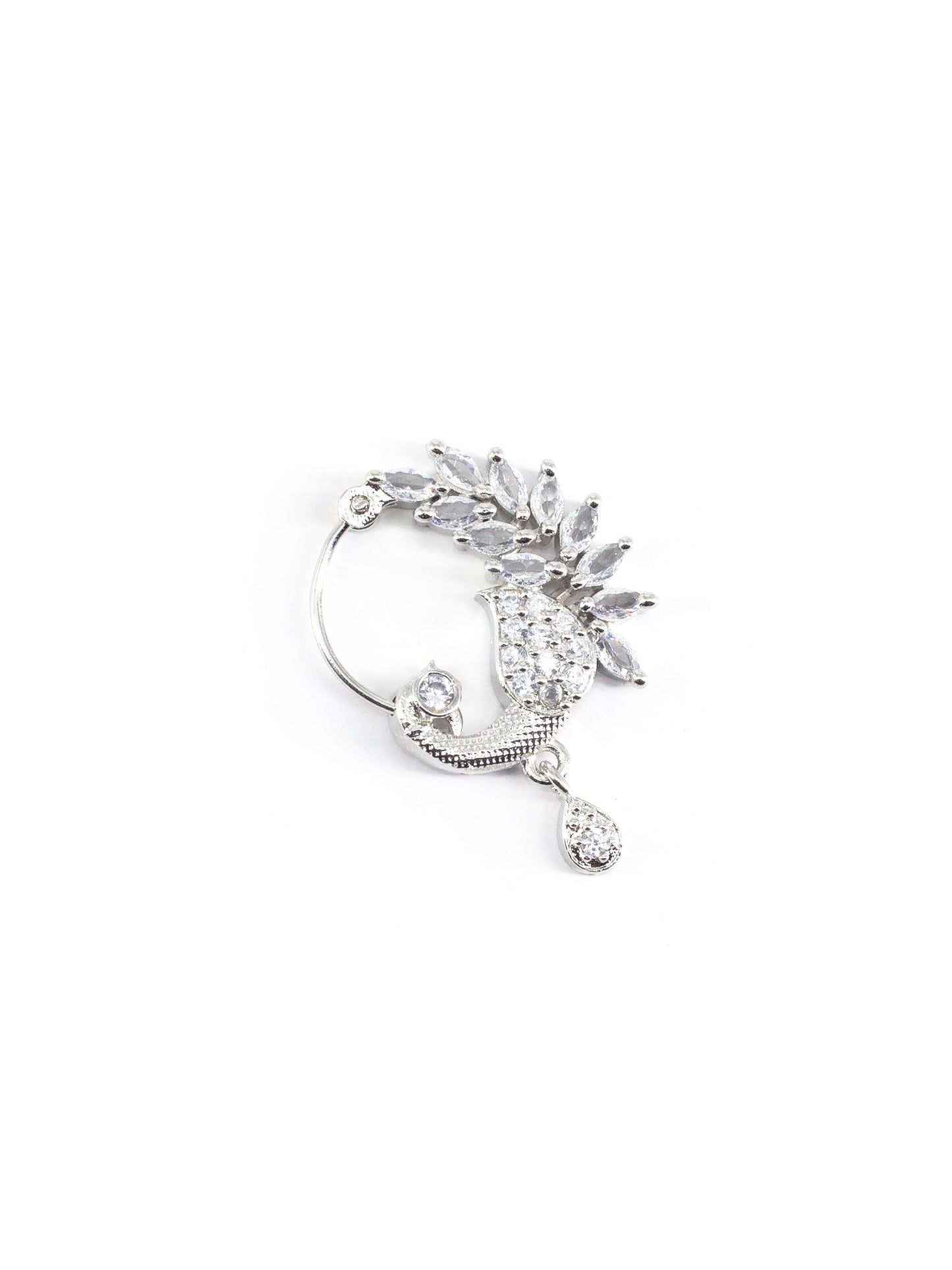 Silver Plated White AD Peacock Nose Ring for Women