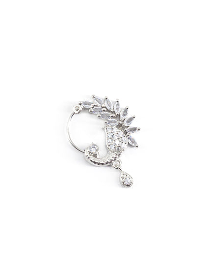 Silver Plated White AD Peacock Nose Ring for Women