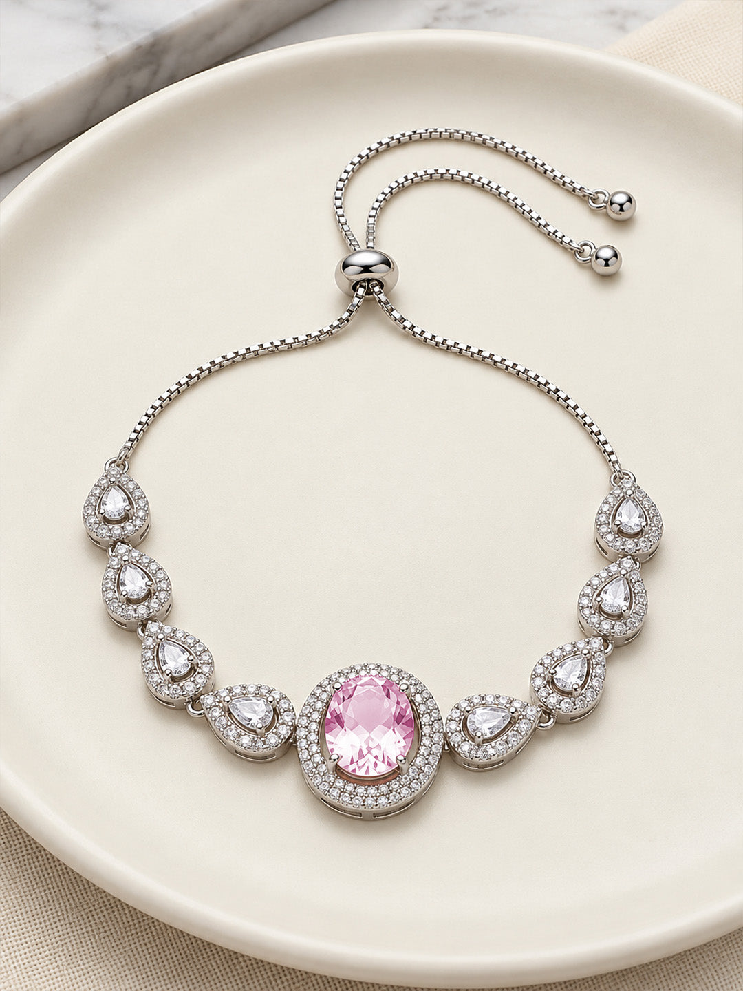 Silver Plated Pink AD Adjustable Bracelet for Women