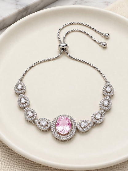 Silver Plated Pink AD Adjustable Bracelet for Women