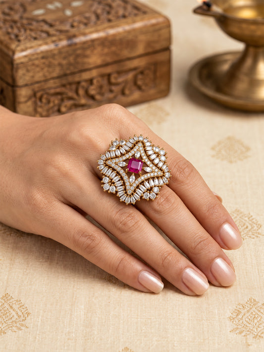 Antique Gold Plated Red AD Finger Ring for Women