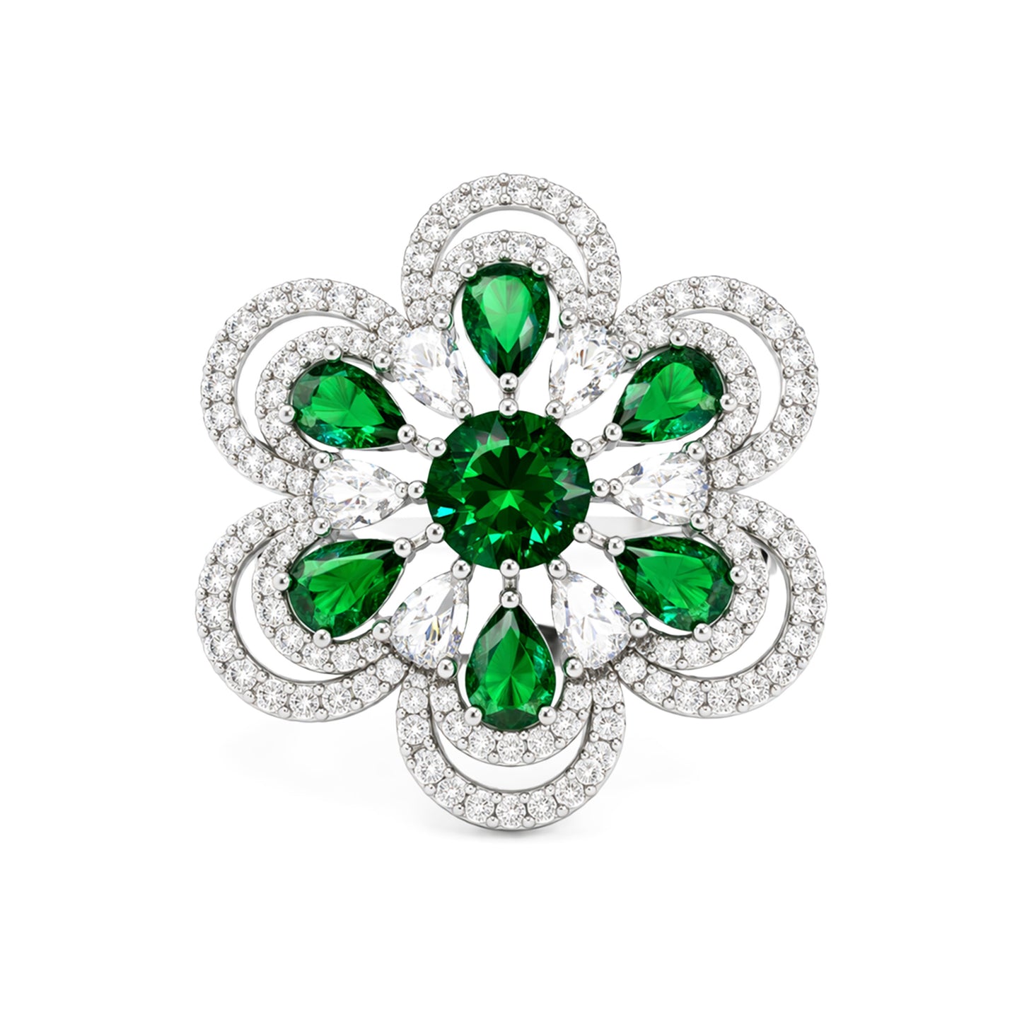 Silver Plated Green AD Floral Adjustable Finger Ring for Women
