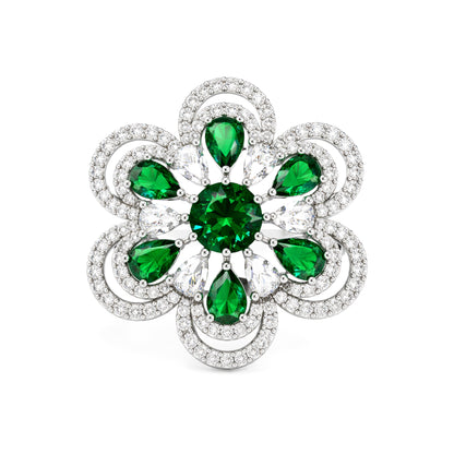 Silver Plated Green AD Floral Adjustable Finger Ring for Women