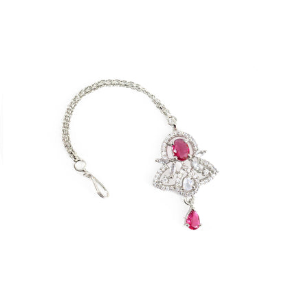 Silver Plated Red AD Maang Tikka for Women