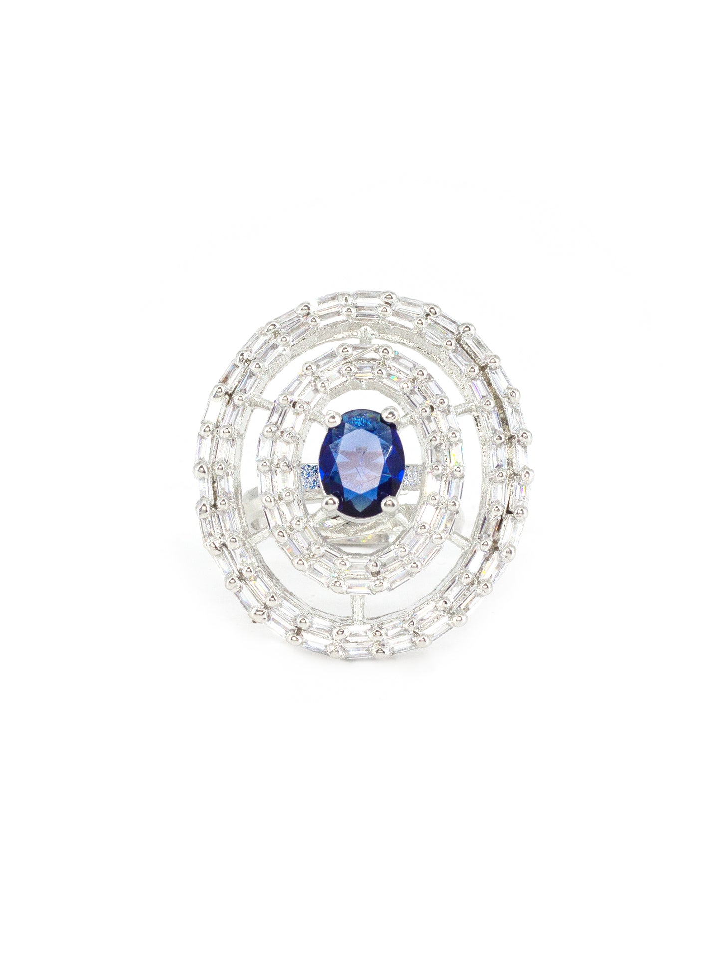 Silver Plated Blue & White AD Circular Ring for Women