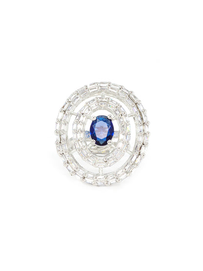 Silver Plated Blue & White AD Circular Ring for Women