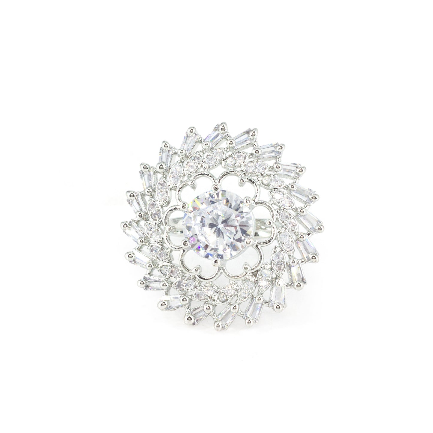 Silver Plated White AD Floral Adjustable Ring for Women