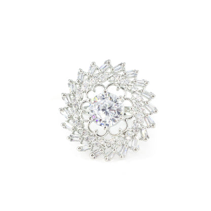 Silver Plated White AD Floral Adjustable Ring for Women
