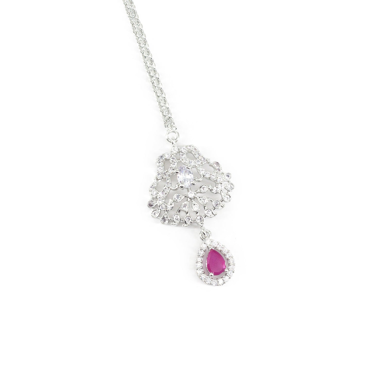 Rhodium Plated Pink AD Maang Tikka for Women