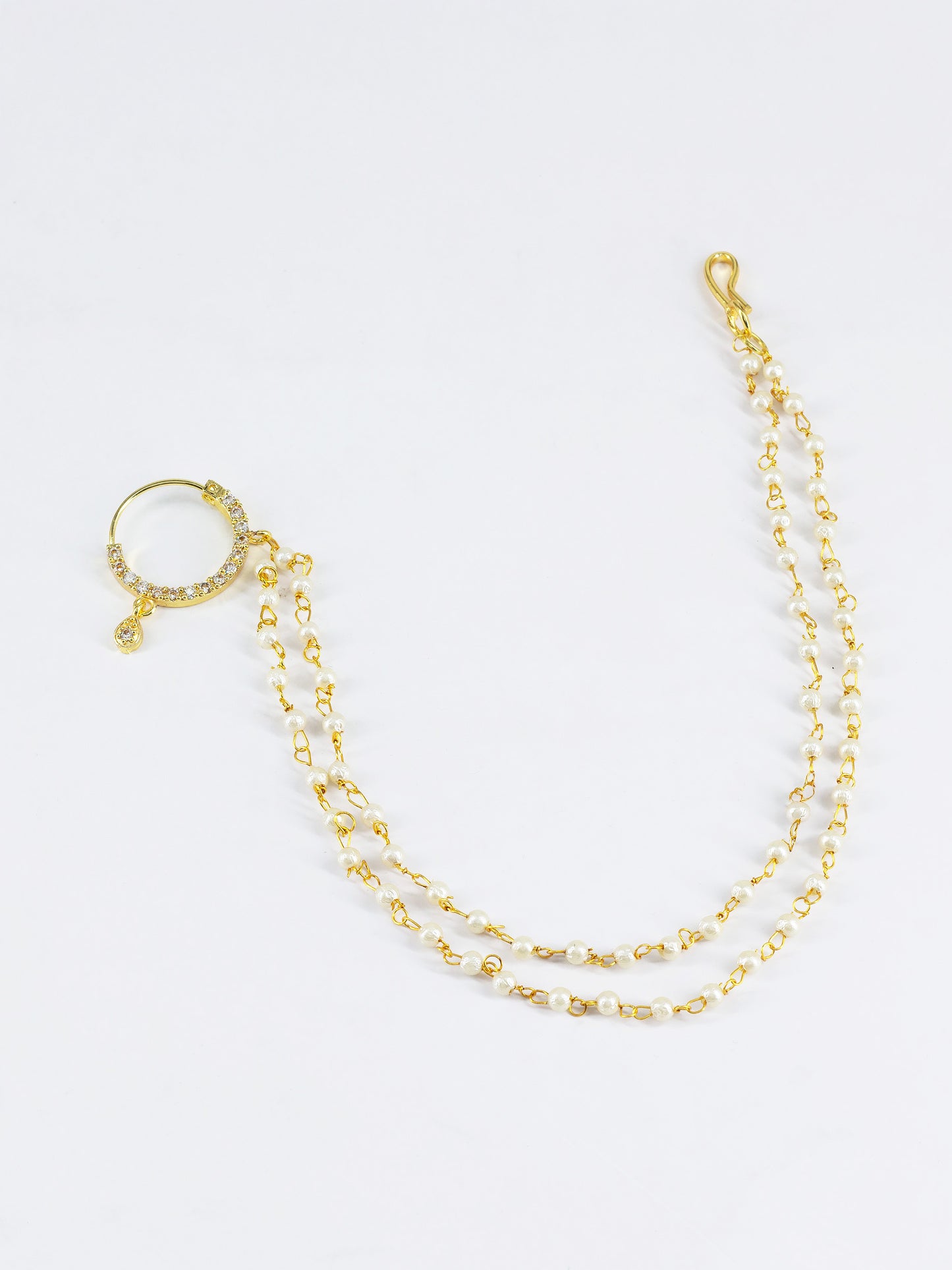 Gold Plated AD Nose Ring with 2 line Pearl Chain