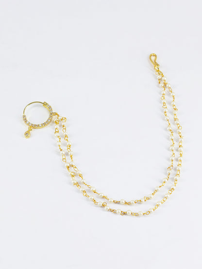 Gold Plated AD Nose Ring with 2 line Pearl Chain