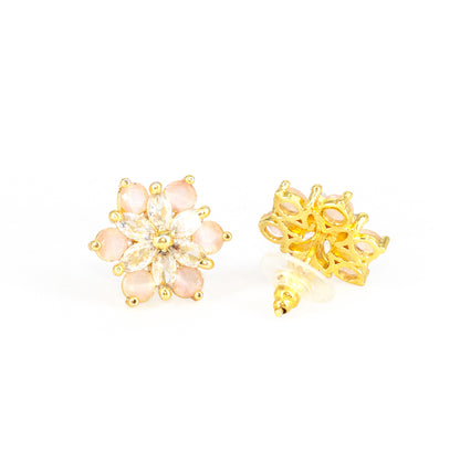 Gold Plated Pink AD Floral Stud Earrings for Women