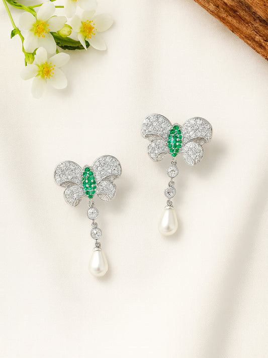 Silver Plated Green Butterfly Drop Earrings For Women