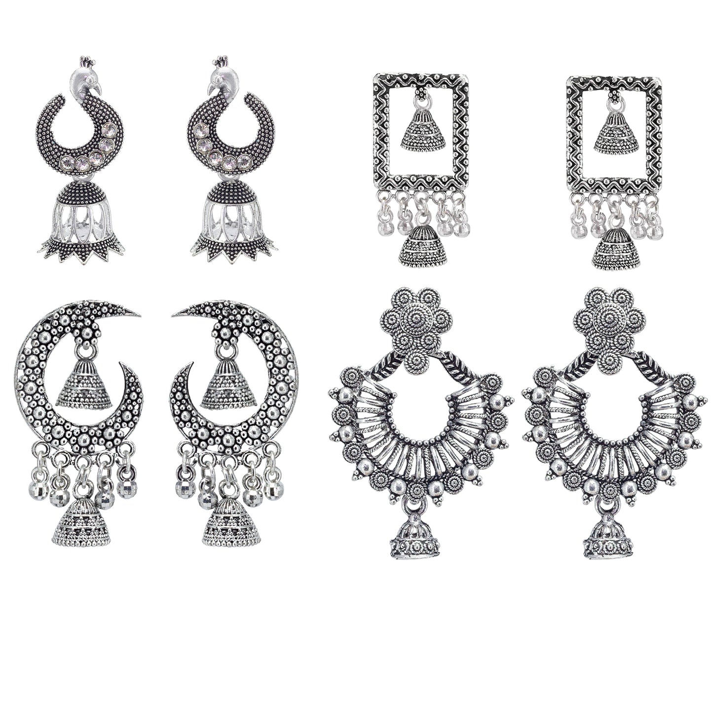 Set of 4 Floral & Peacock Chandbali & Jhumki Earrings