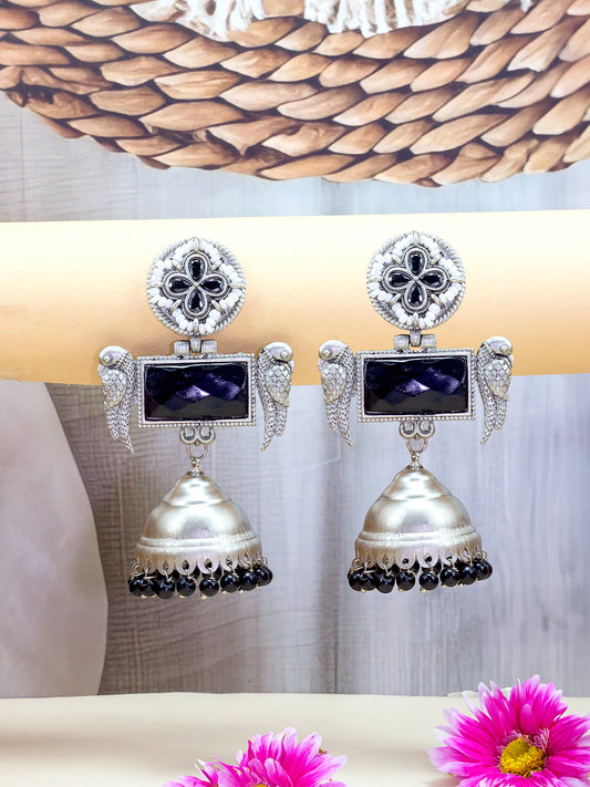 Black Floral Bird Monalisa Stone Jhumka Earrings