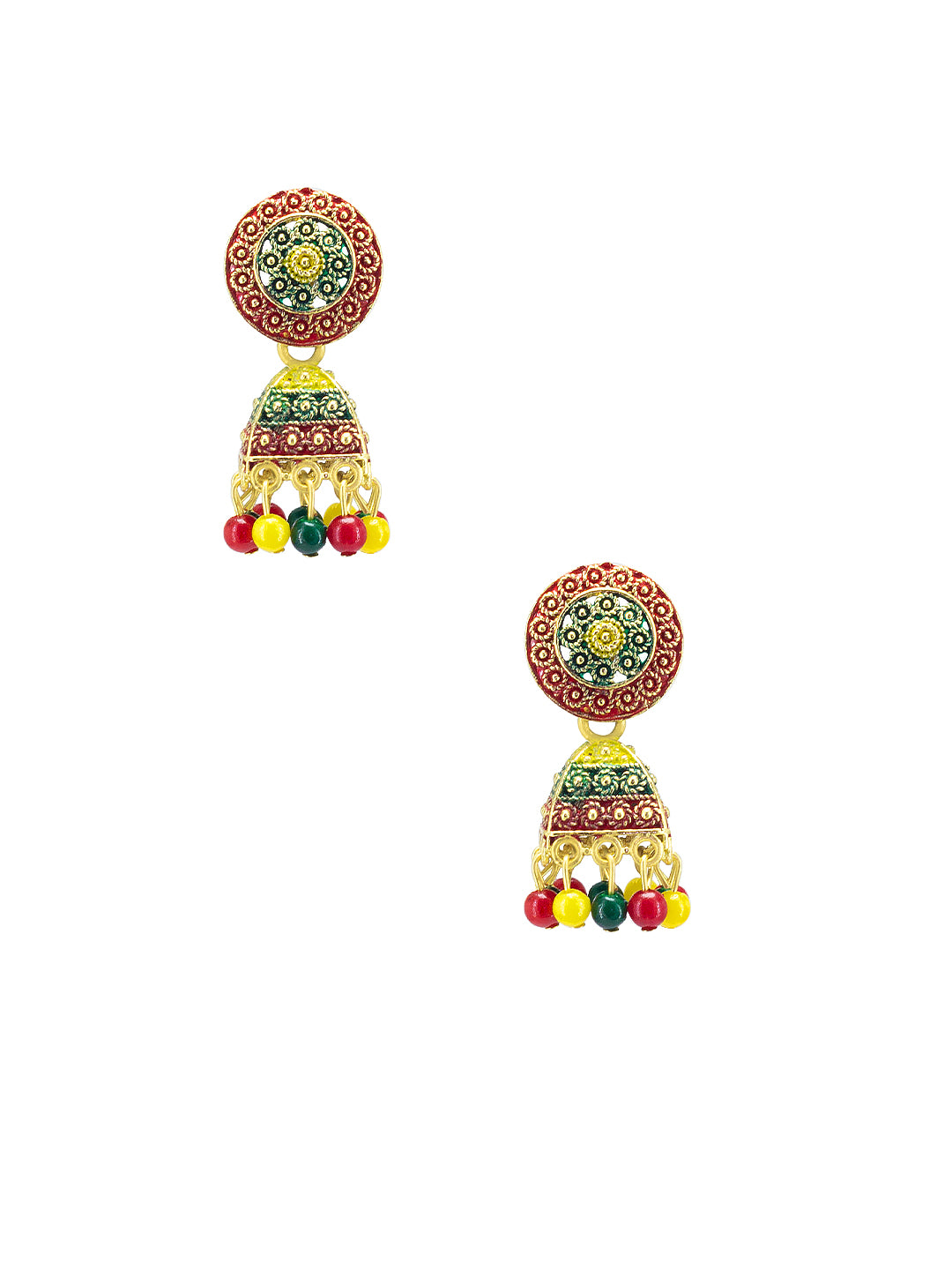 Gold Plated Circular Multi Color Artificial Beaded Jhumki Earrings