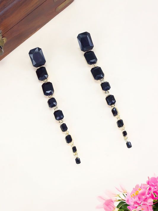 Gold Plated Black Crystal Stones Studded Long Drop Earrings