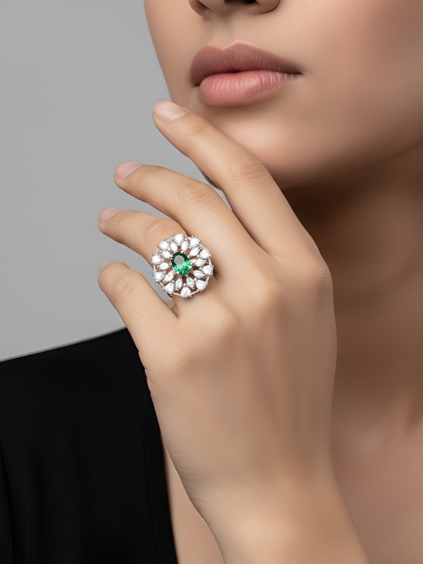 Silver Plated Green AD Floral Adjustable Ring for Women