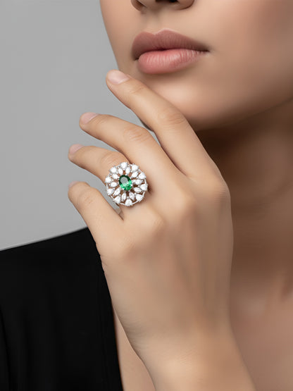 Silver Plated Green AD Floral Adjustable Ring for Women