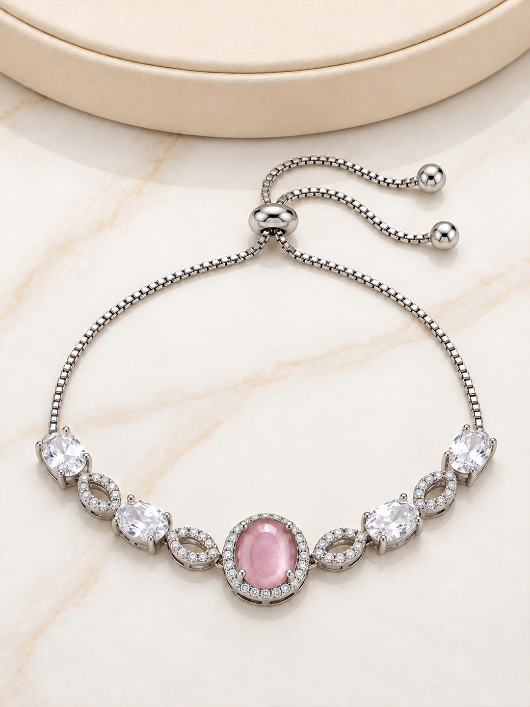 Silver Plated Pink AD Adjustable Bracelet for Women