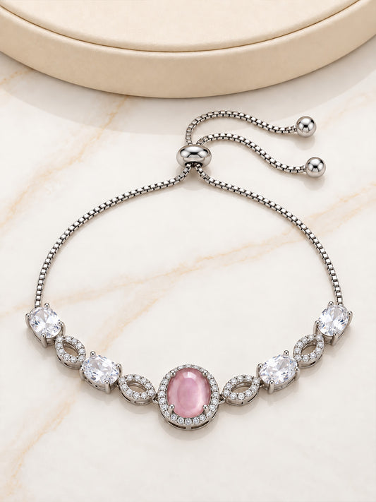 Silver Plated Pink AD Adjustable Bracelet for Women