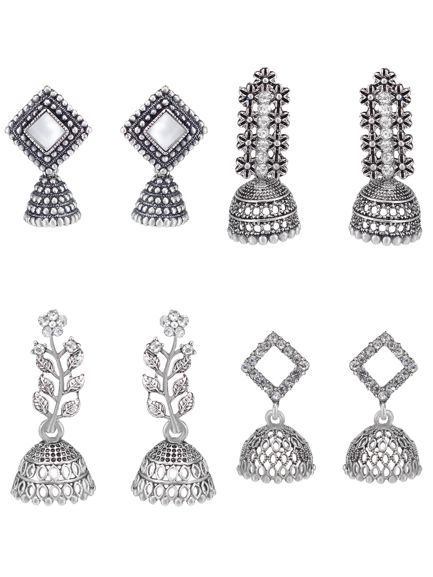 Set of 4 Silver Oxidised Jhumka Earrings for Women