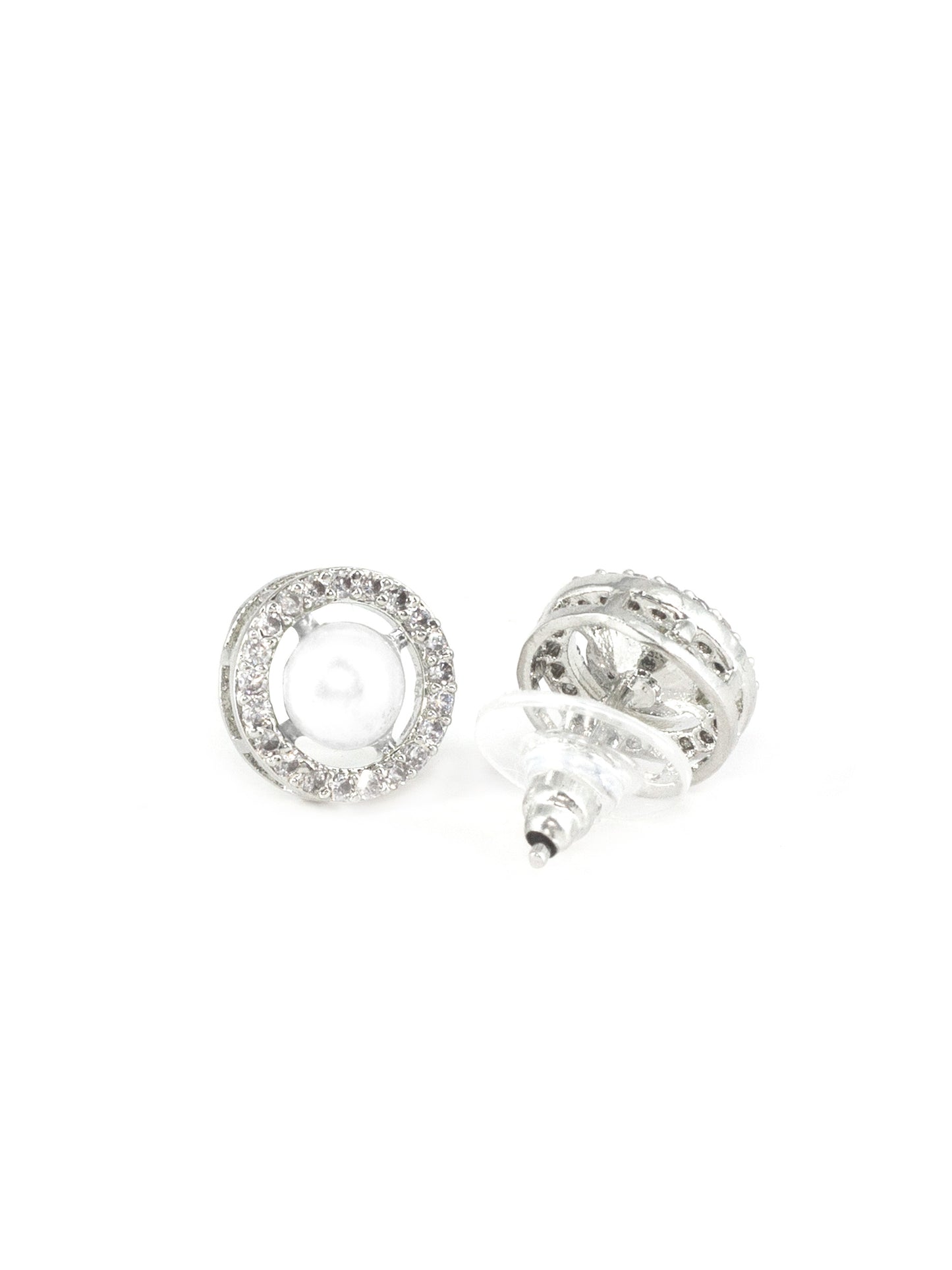 Rhodium Plated White AD & Pearl Stud Earrings for Women