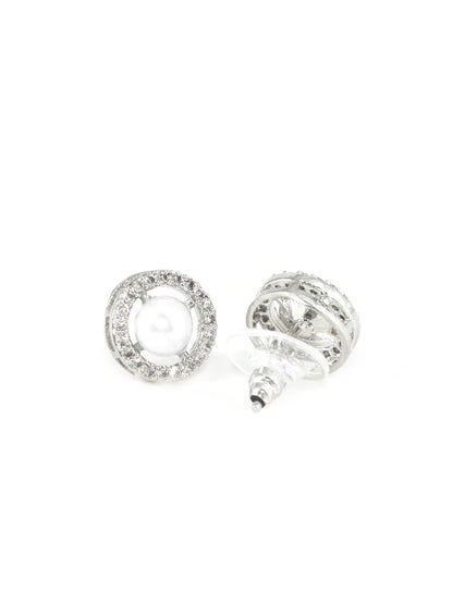 Rhodium Plated White AD & Pearl Stud Earrings for Women