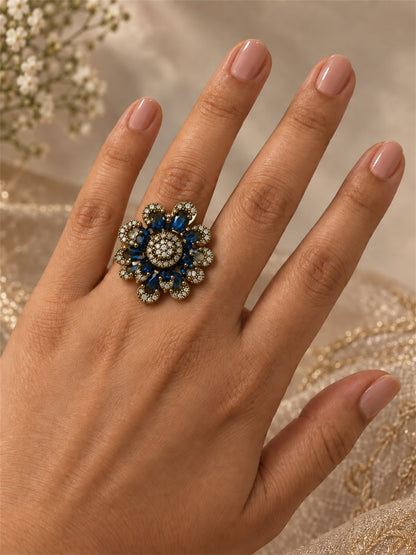 Antique Gold Plated Blue AD Floral Finger Ring for Women