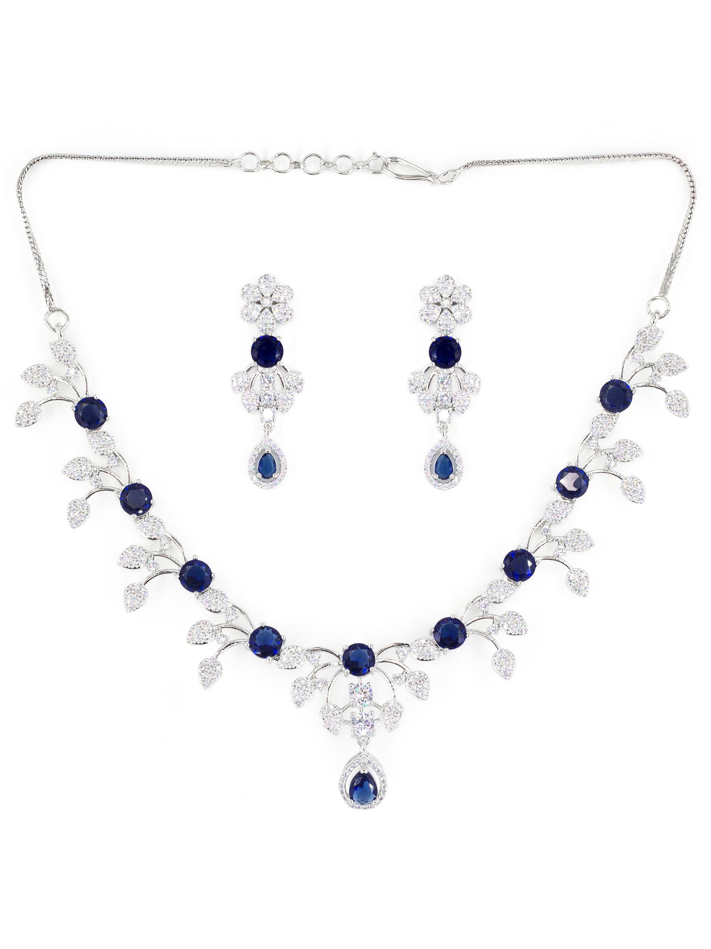 Rhodium Plated Blue AD Floral Jewellery Set