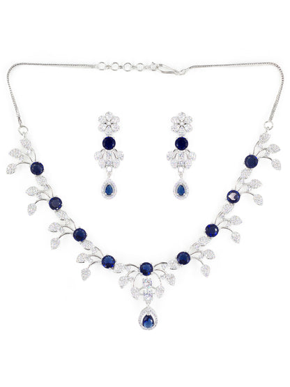 Rhodium Plated Blue AD Floral Jewellery Set