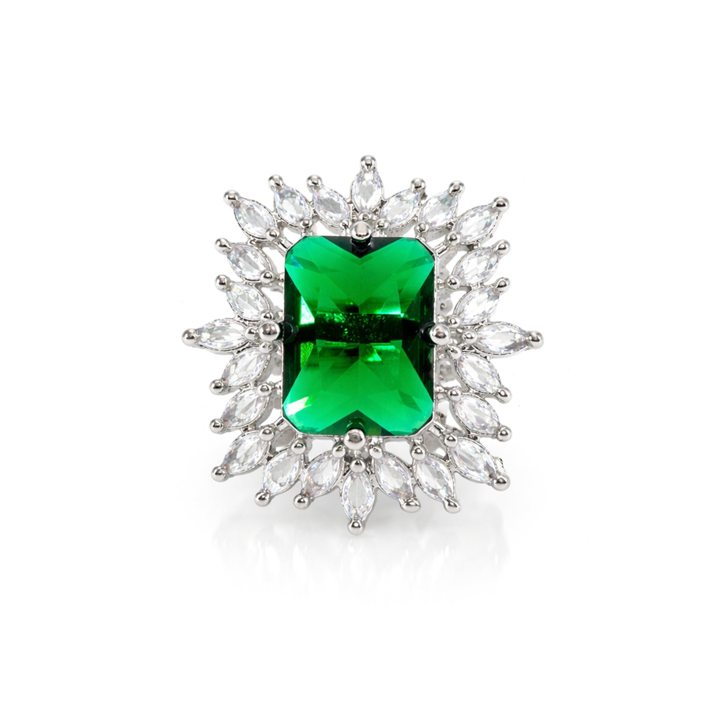 Rhodium Plated Green AD Finger Ring for Women