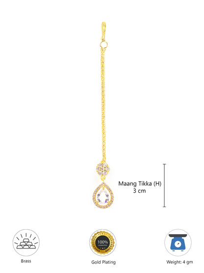 Gold Plated White AD Teardrop Maang Tikka for Women