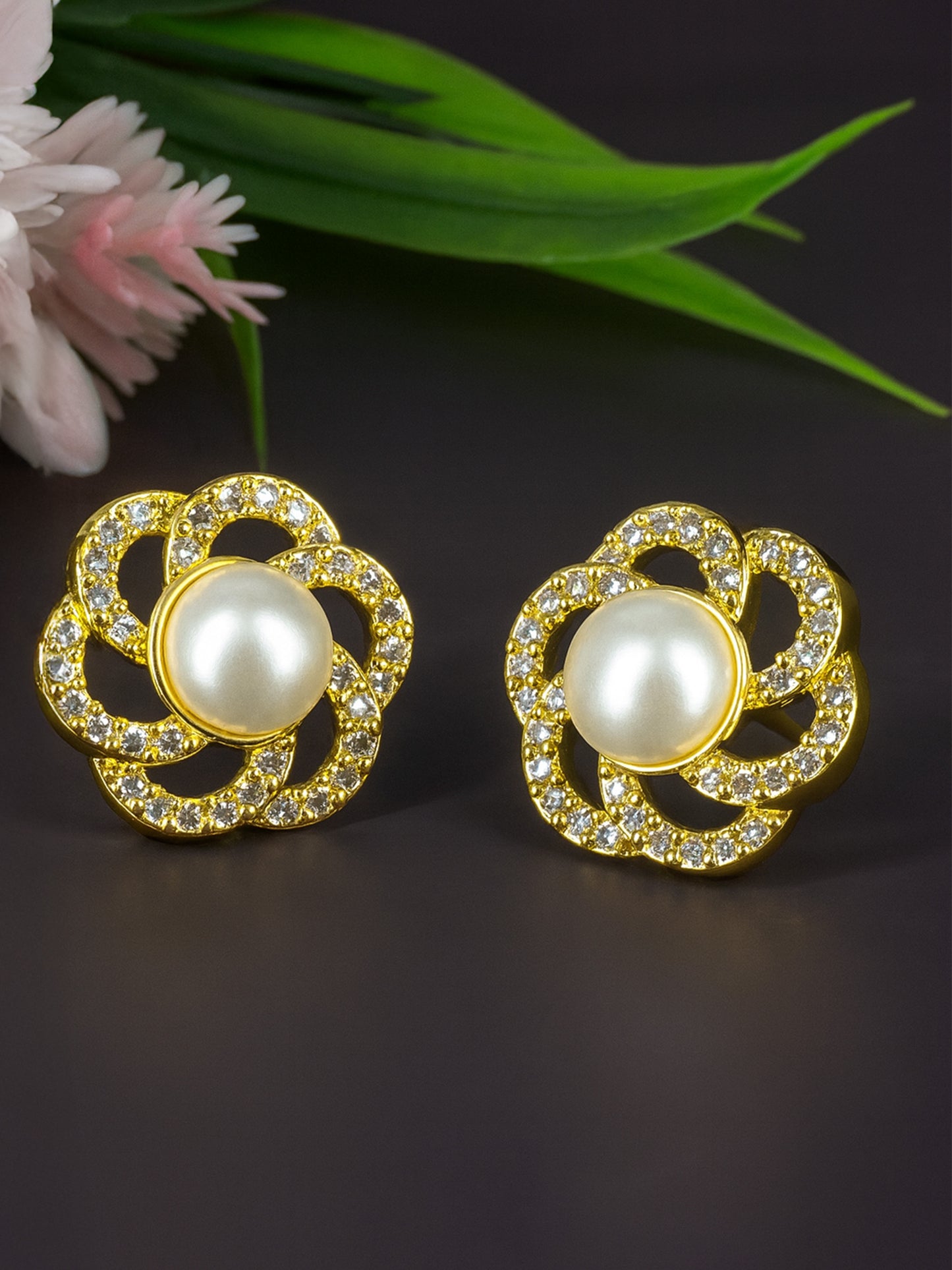 Gold Plated AD Floral Designer Stud Earrings for Women