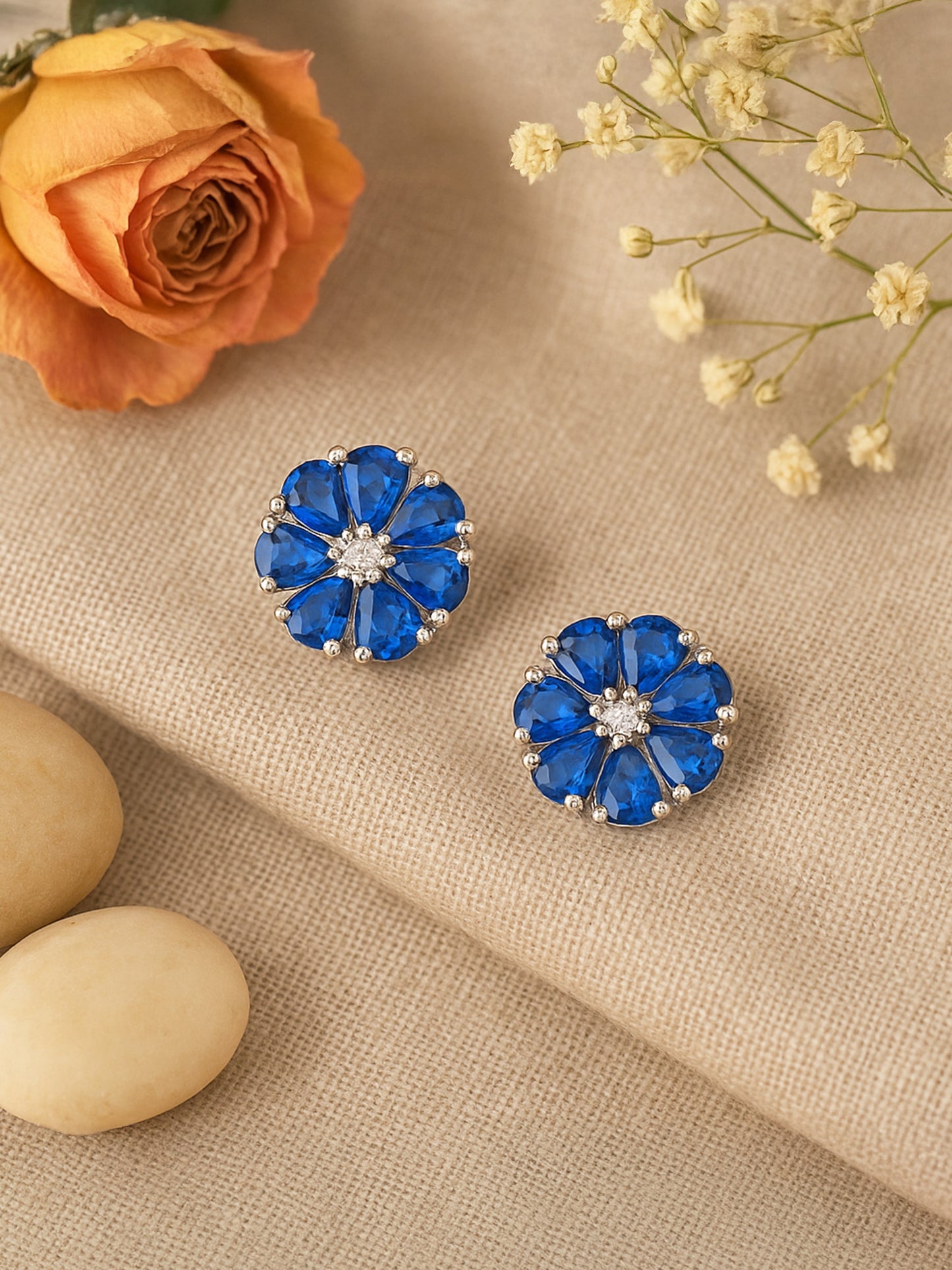 Silver Plated Blue Floral AD Stud Earrings For Women