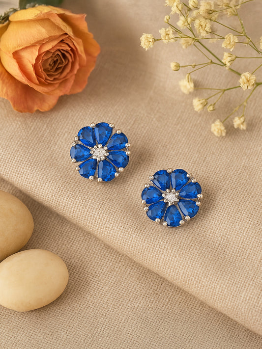 Silver Plated Blue Floral AD Stud Earrings For Women