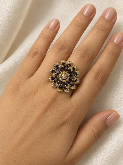 Antique Gold Plated Purple AD Floral Finger Ring for Women