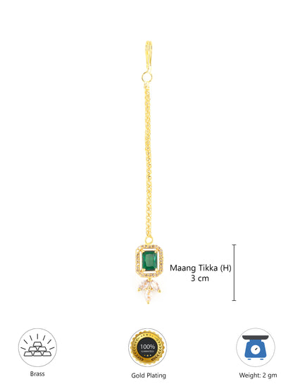 Gold Plated Green American Diamond Maang Tikka for Women