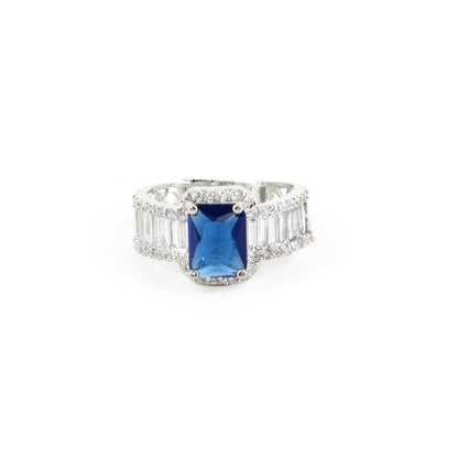 Silver Plated Blue American Diamond Adjustable Ring for Women