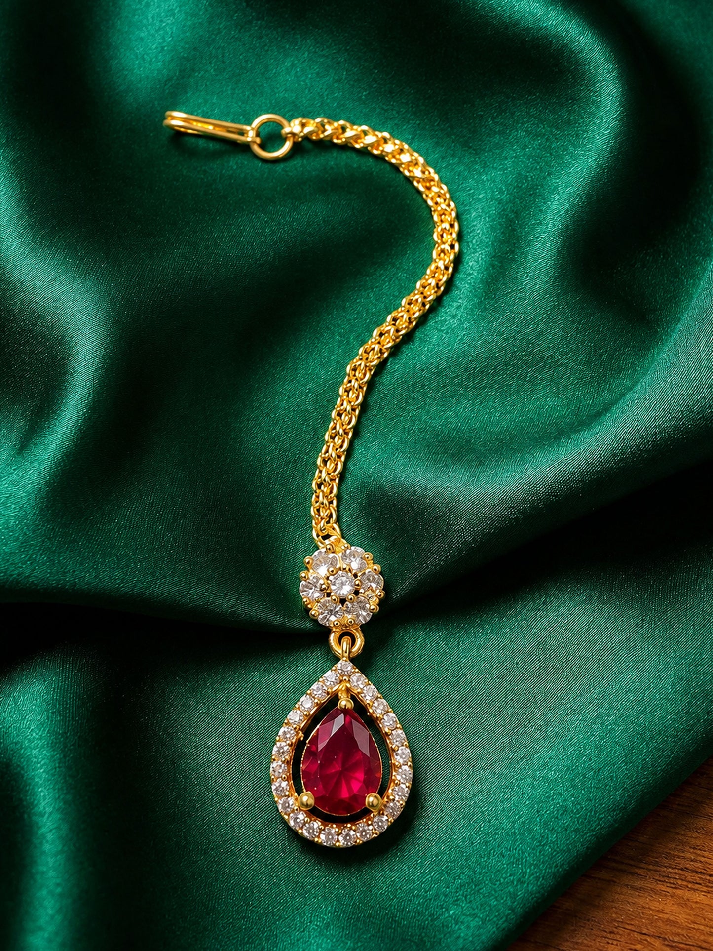 Gold Plated Red AD Maang Tikka for Women