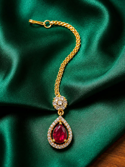 Gold Plated Red AD Maang Tikka for Women