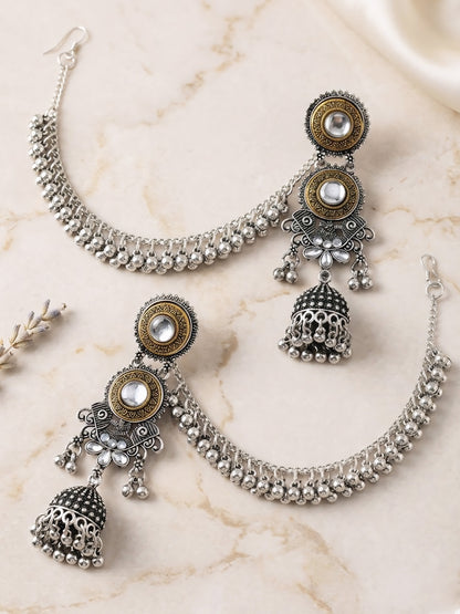 Silver Oxidised Jhumka Earring with Chain for Women