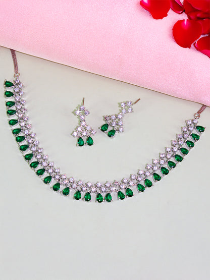 Silver Plated Green AD Sleek Designer Jewellery Set