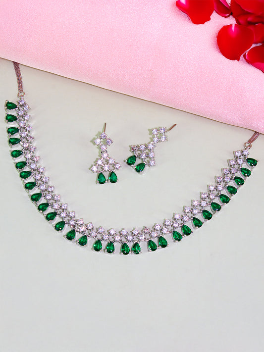 Silver Plated Green AD Sleek Designer Jewellery Set
