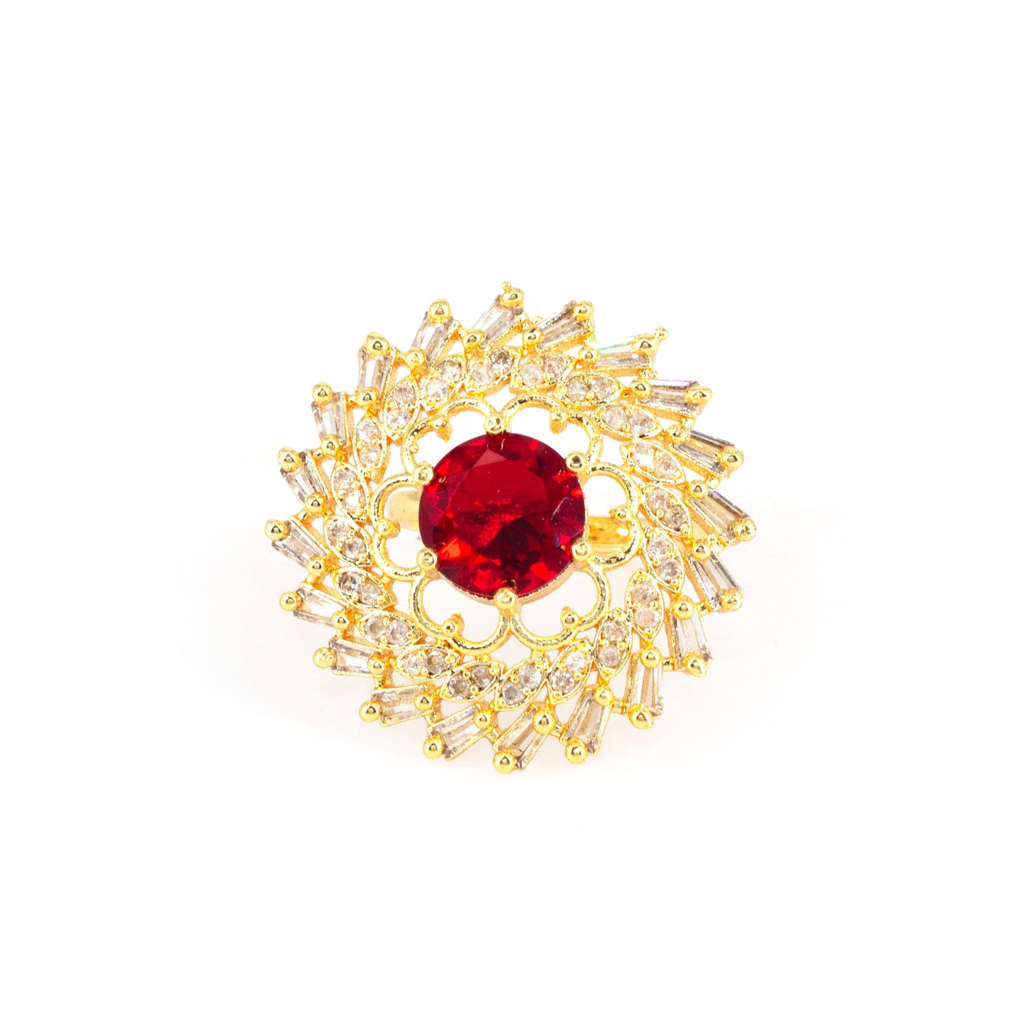 Gold Plated Red AD Adjustable Floral Ring for Women