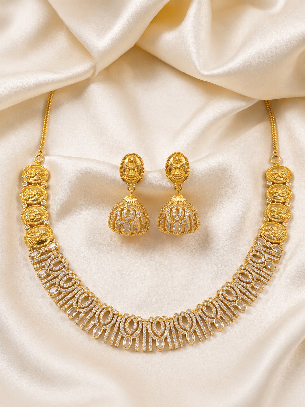 Gold Plated American Diamond Temple Jewellery Set