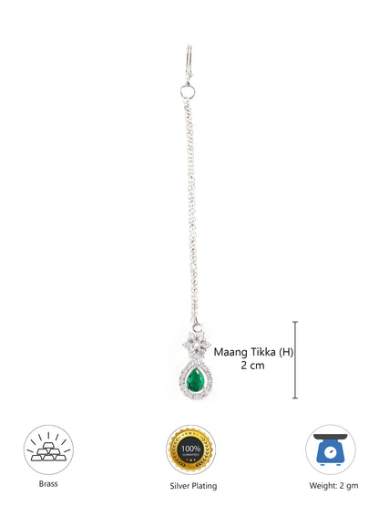 Rhodium Plated Green AD Maang Tikka for Women