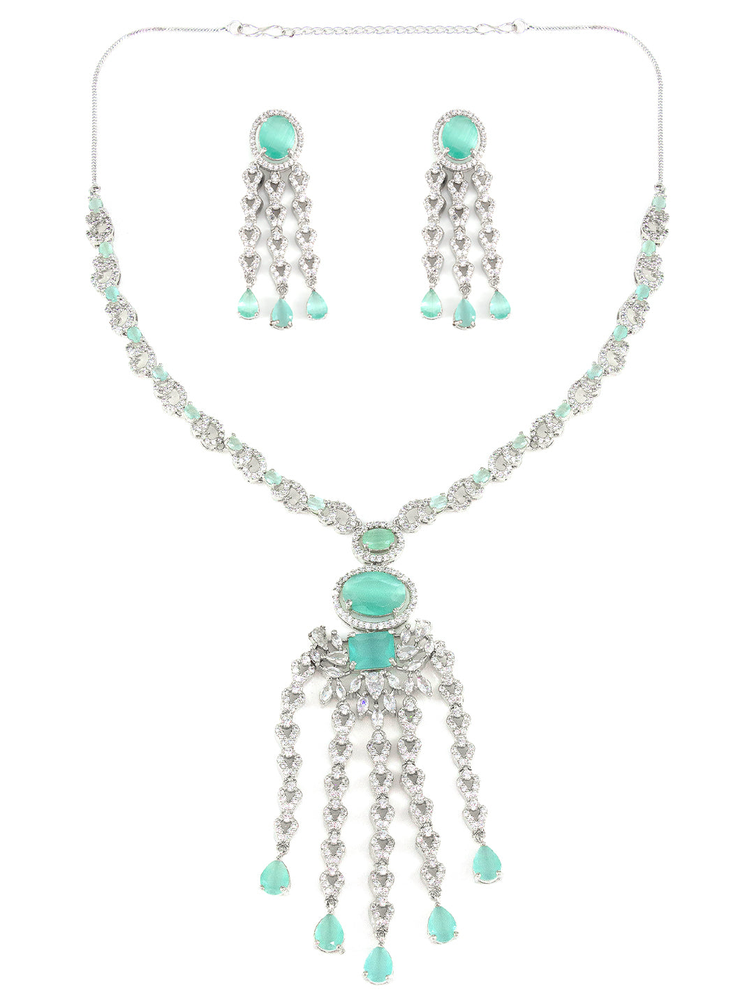 Silver Plated Mint Green AD Designer Jewellery Set
