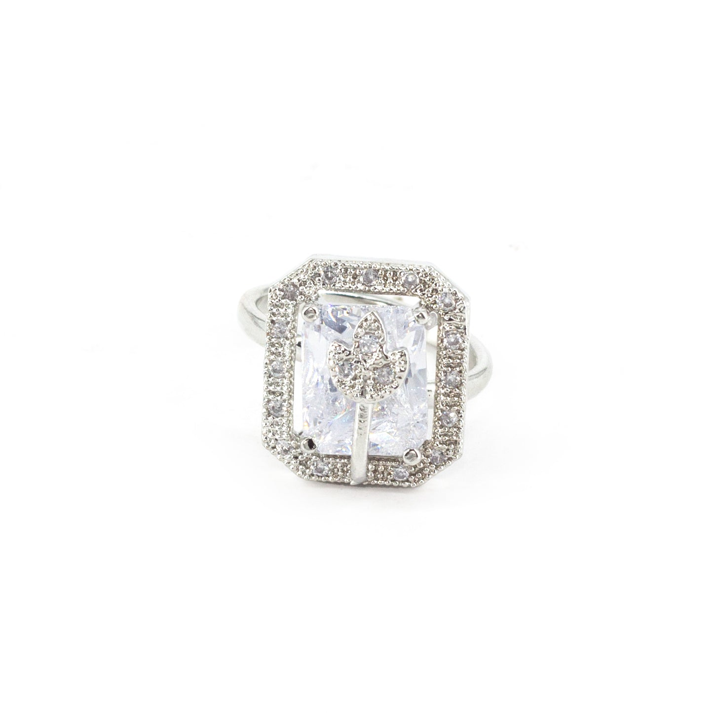 Rhodium Plated White AD Leaf Adjustable Ring for Women