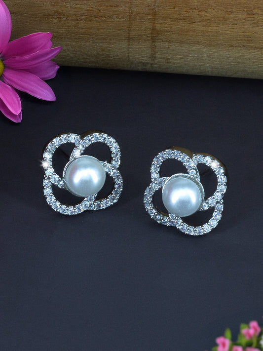 Silver Plated AD Floral Design Stud Earrings for Women